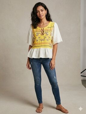 White Cotton Top with Yellow Embroidered Front Panel